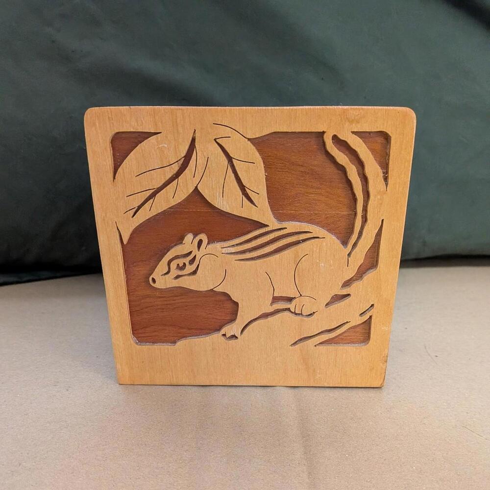 Vintage Handcrafted Wood Napkin Holder with Chipmunk Design